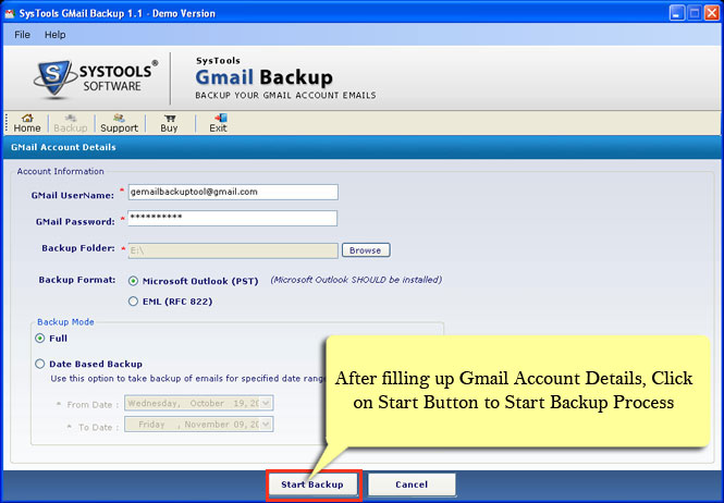 Click to view Create Gmail Backup 1.1.1 screenshot